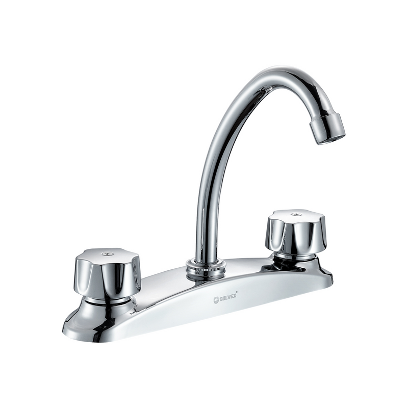 Llave Mezcladora 8" Para fregador de Cocina. Grifo Cromado con Doble Maneral y Pluma Giratoria para Agua Fría y Caliente.