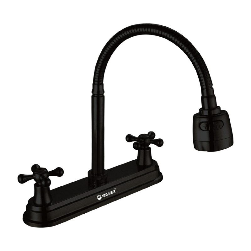 Grifo para fregador con Pluma Flexible de 8" en Acabado Negro Mate. Llave Doble Función Riego o Chorro.