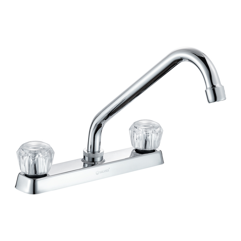 Grifo para fregador 8" con pluma giratoria de latón cromado brillante y asas acrílicas duraderas.