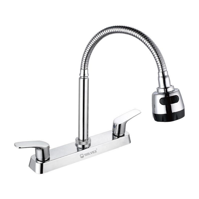 Llave para fregador de Cocina 8'' Flexible de Latón Cromado. Grifo con Pluma de Acero Inoxidable y Doble Función.