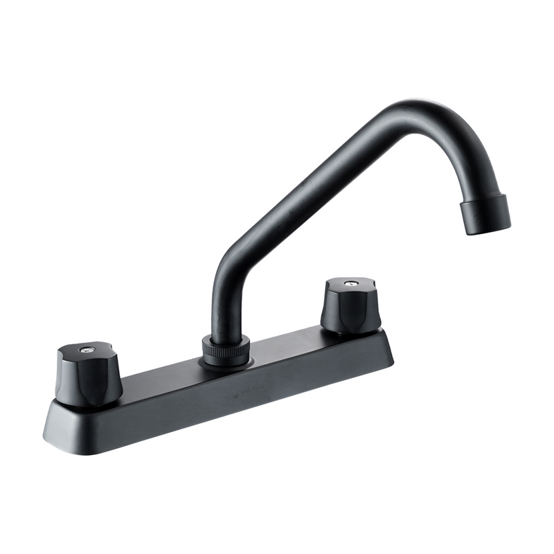 Llave para fregador de Cocina 8" Latón Negro. Grifo alto de Giro Completo con Pluma y Manijas Metálicas.