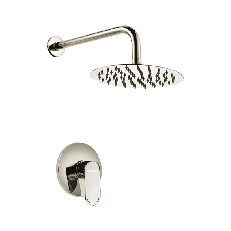 Ducha Para Empotrar. Juego De Mezcladora Monomando Con Regadera Redonda De 8”. Brazo A Pared De 40 cm. Acabado satinado.