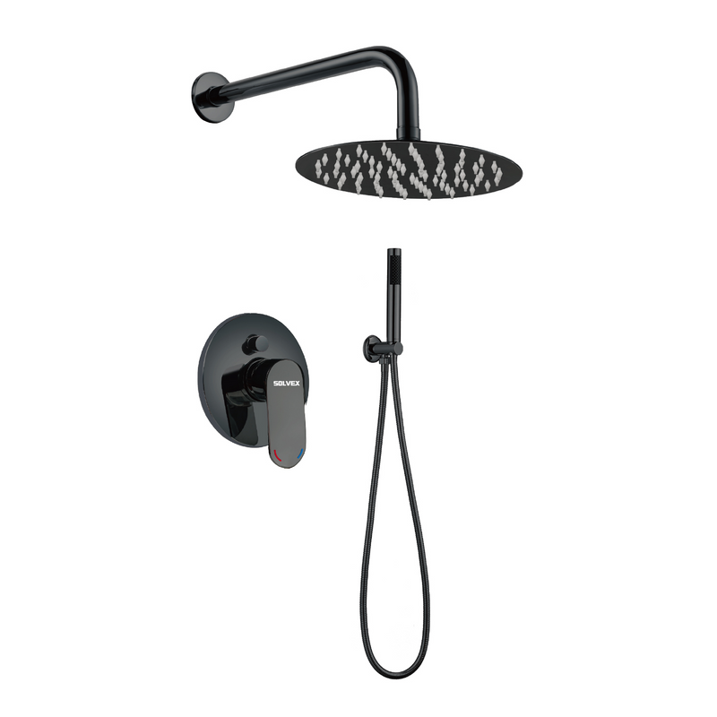 Ducha Para Empotrar. Juego De Mezcladora Monomando Con Desviador, Regadera Redonda De 8” Y Ducha Teléfono. Color negro.