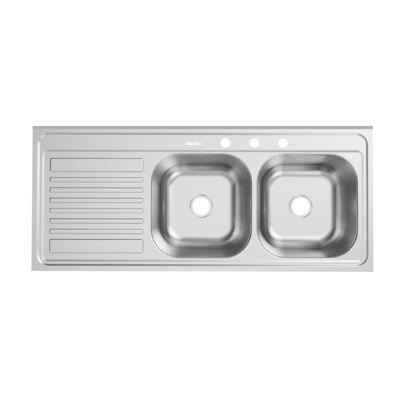 fregador de Cocina Doble Tina 120x50x15cm. Acero Inoxidable con Escurridor y 3 Orificios. Superficie Cepillada.