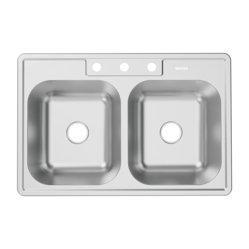 fregador de Cocina Doble Tina 83x56x15cm. Acero Inoxidable con 3 Orificios para Grifo. Superficie Cepillada.
