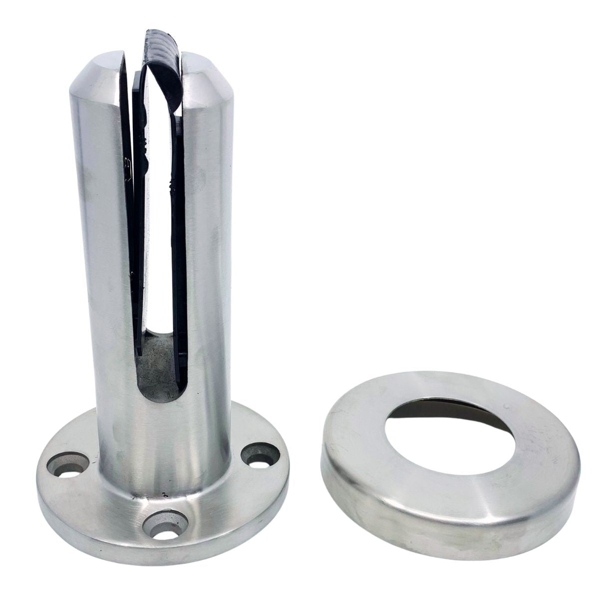 Soporte bases para barandas de vidrio 10-14 mm. Acero inoxidable 304 satinado Incluye 1 tapa decorativa