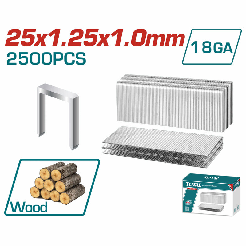 (Caja de 2500 pcs) Grapas 25 mm para pistola neumatica TAT81501 . Calibre 18 1.25x1.0 mm.