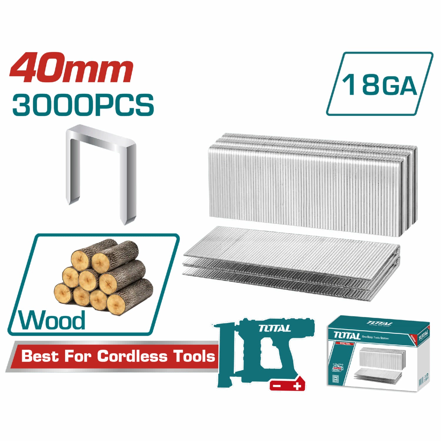 Clavos para clavadora de madera 40mm 3000 piezas por caja. Apto para TCSNLI6005, TCSNLI6008. Clavos tipo corona.