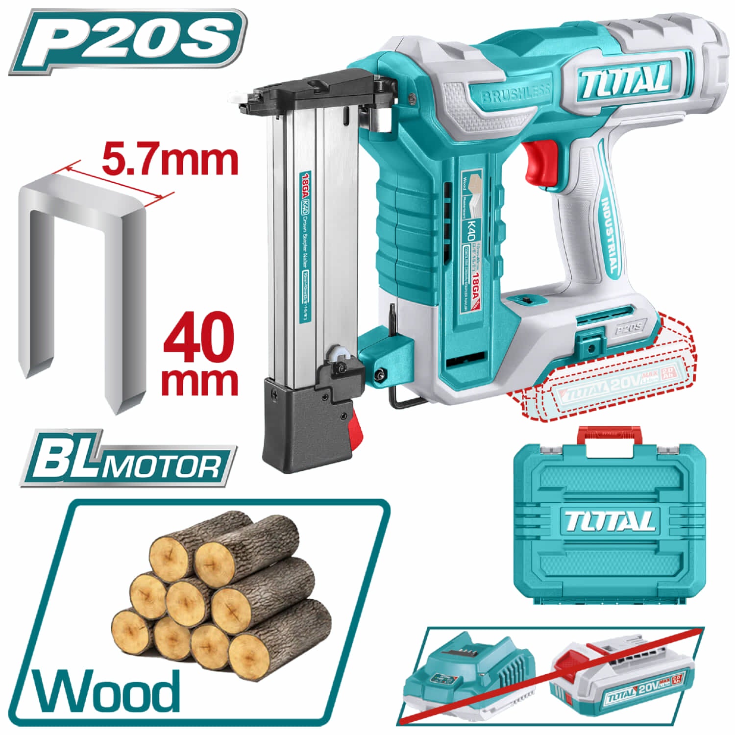 Clavadora de madera Inalámbrica 20V tipo K10~K40 Clavos tipo corona de 40mm. Capacidad de 100 piezas. No incluye batería ni cargador.