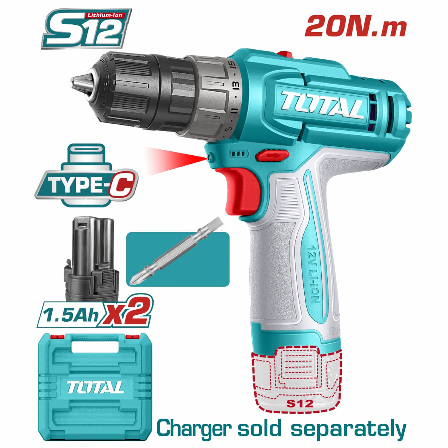 Taladro inalámbrico de 12V. dos velocidades: 0-400 / 0-1500 rpm. 20Nm. Torque:15+1. Carga USB-C. Incluye 2 baterías. No incluye cargador.