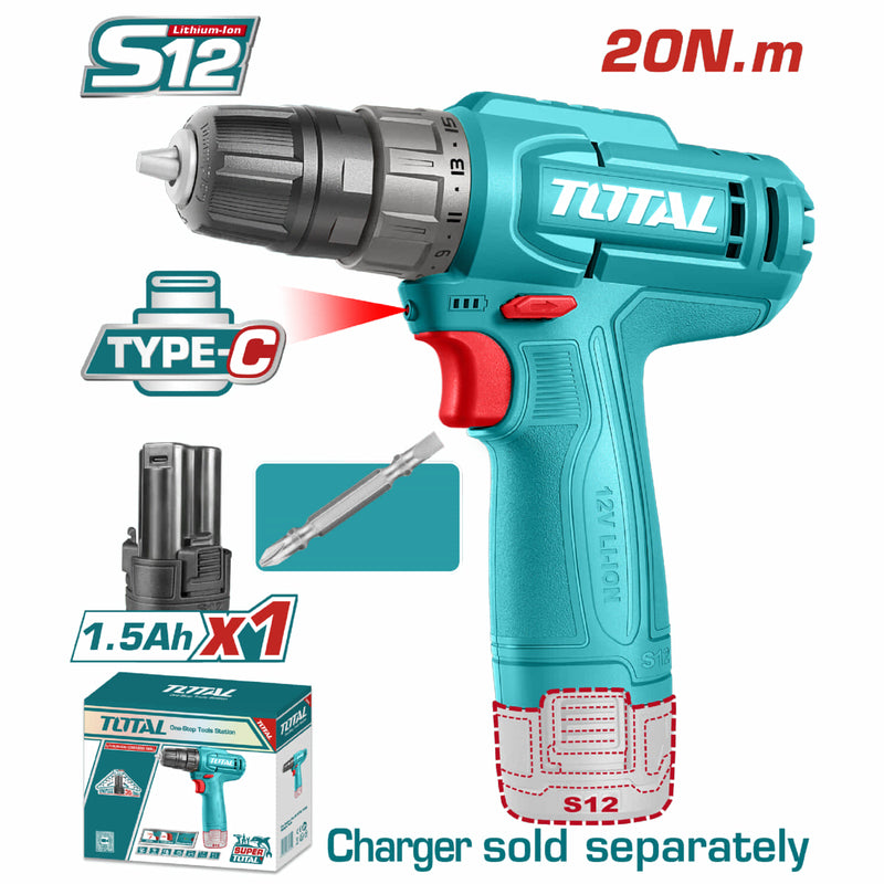 Taladro inalámbrico de 12V. Veloc. sin carga: 0-750rpm. 20Nm. Torque:15+1. Carga USB-C. Incluye una batería. No incluye cargador.