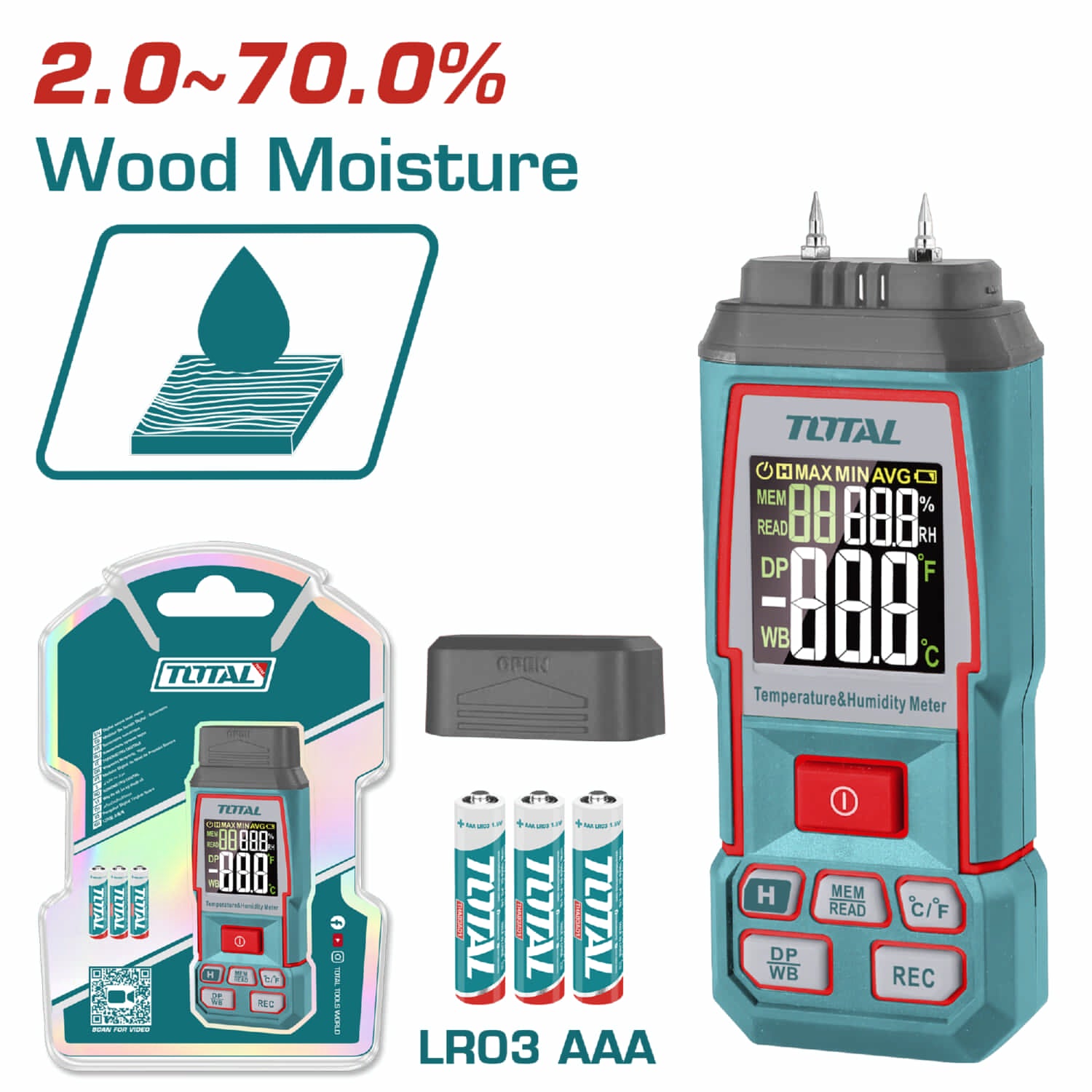 Medidor de humedad digital con pantalla LCD para madera y materiales de construcción.