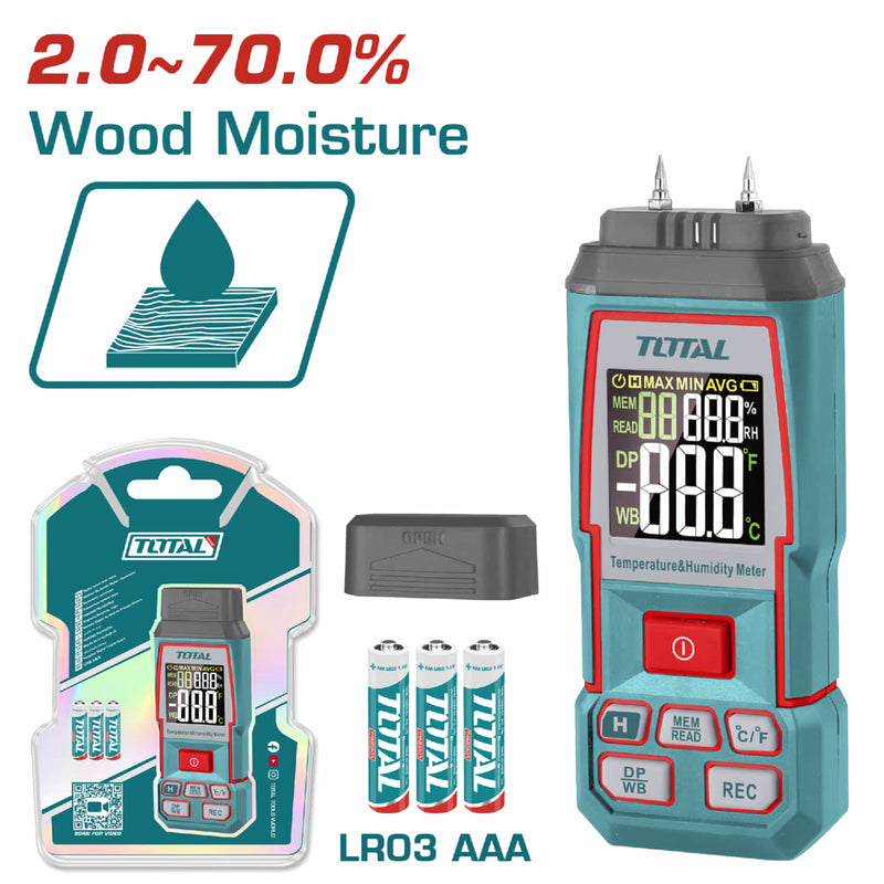 Medidor de humedad digital con pantalla LCD para madera y materiales de construcción.