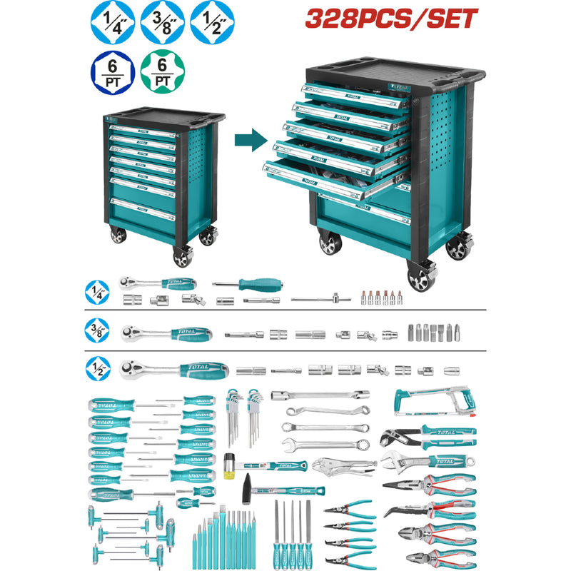 Caja de herramientas variada en caja de herramientas 7 niveles y una base. Incluye 328 piezas. Juego kit carrito ruedas trolley