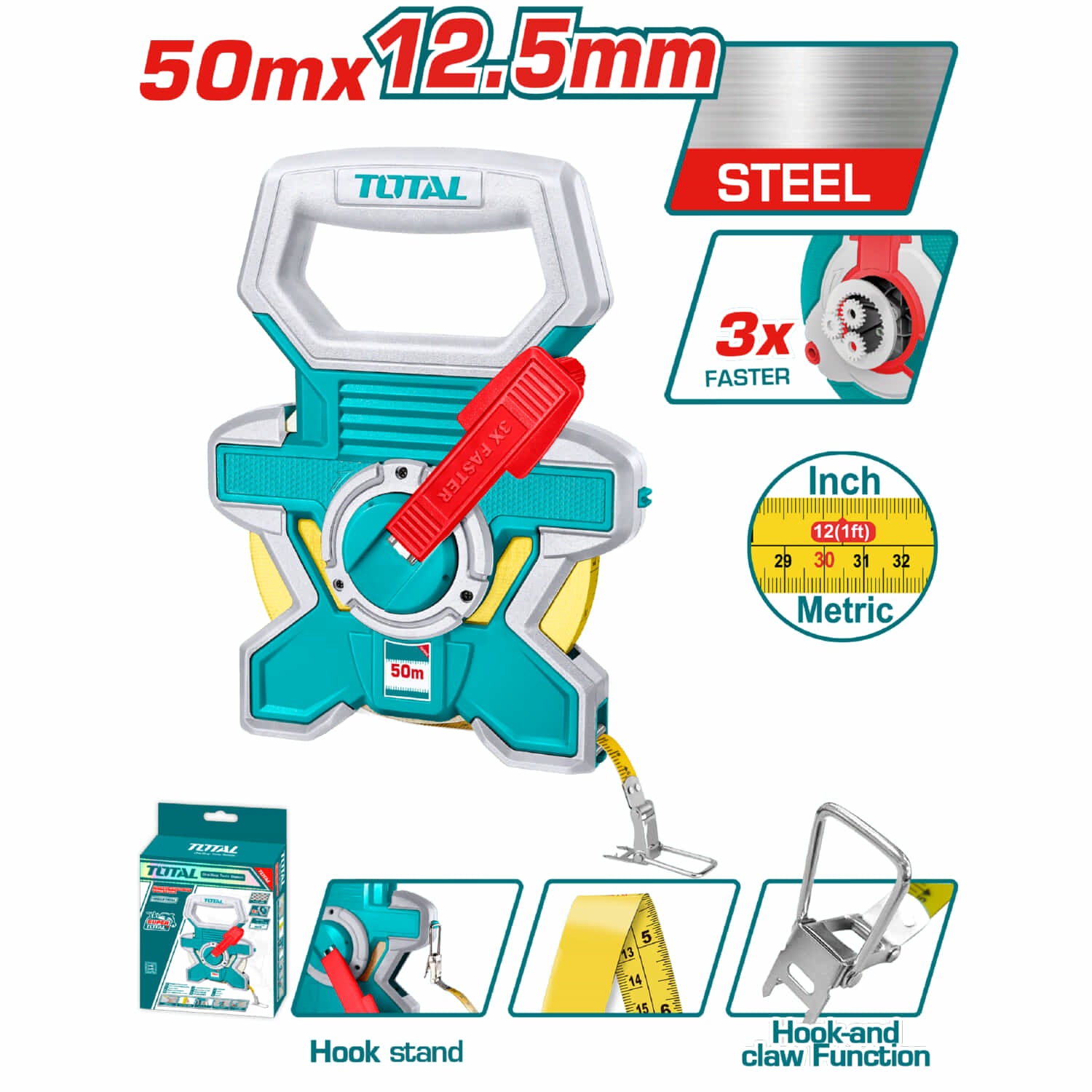 Cinta métrica de acero 50 mts x 12.5 mm. Métrico y pulgadas. Auto enrollable 3:1