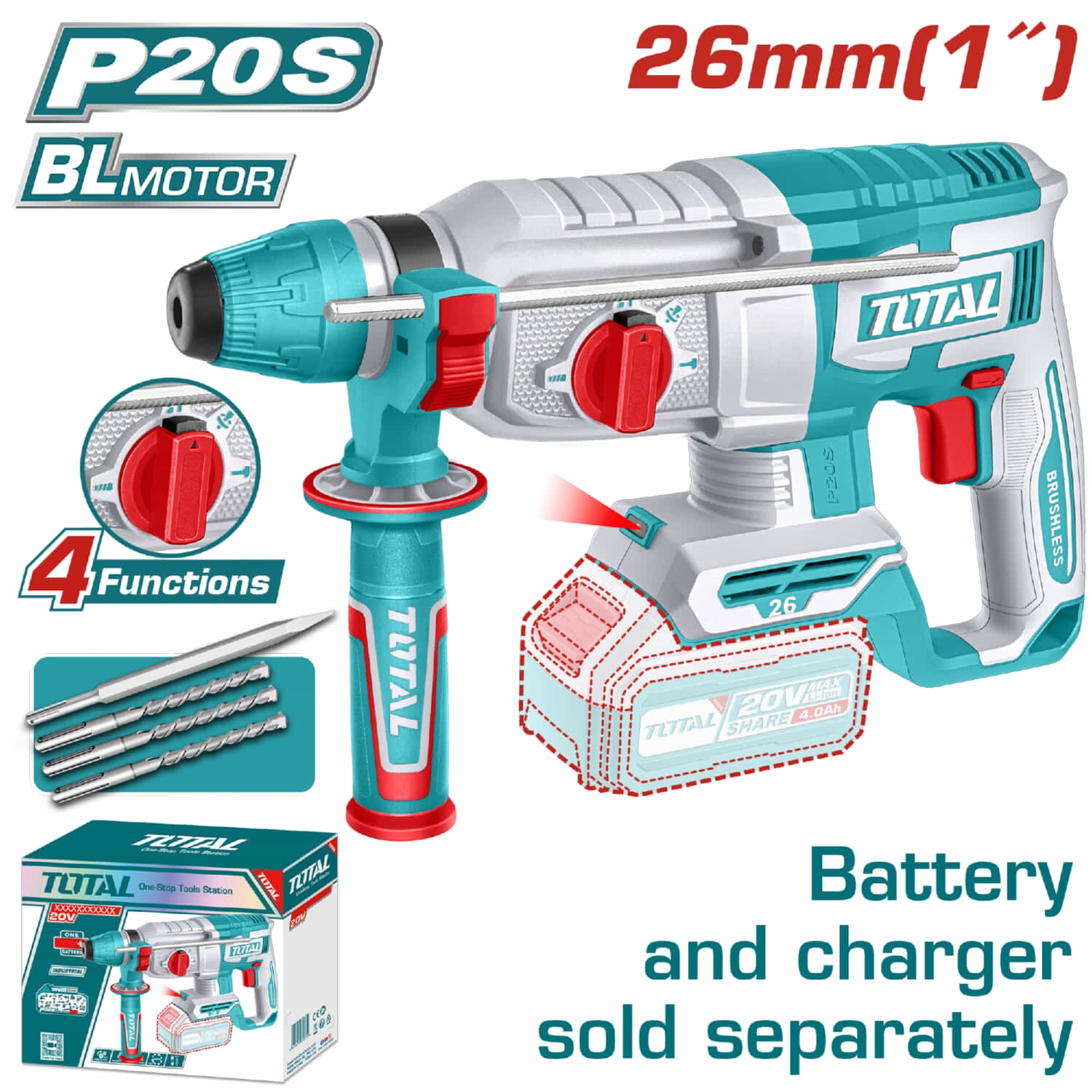 Taladro Rotomartillo inalámbrico 20v  Motor sin escobillas. Perforación en concreto:26mm. Sin batería ni cargador.