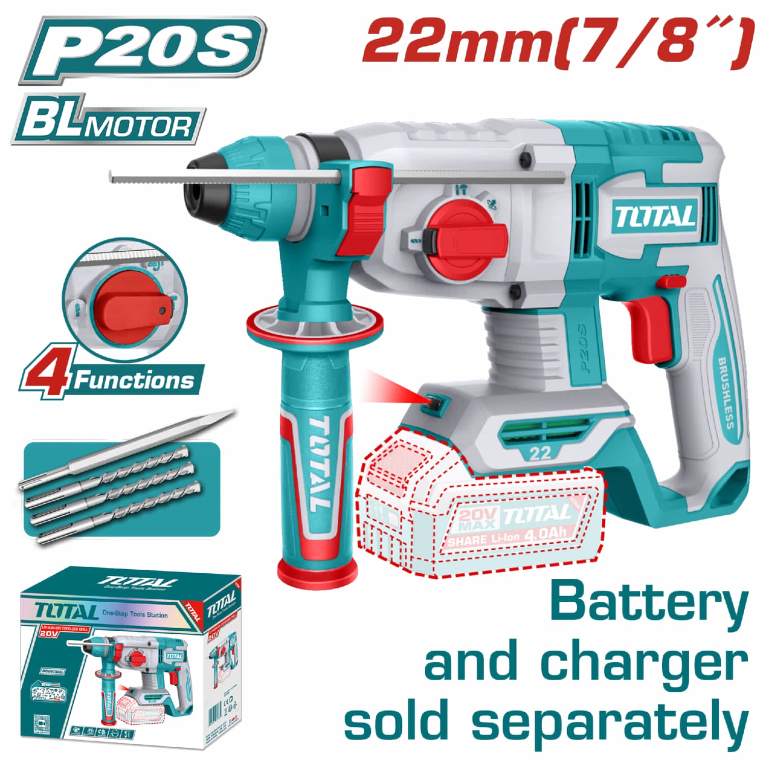 Taladro Rotomartillo inalámbrico 20v.  Motor sin escobillas. Perforación en concreto:22mm. Sin batería ni cargador.