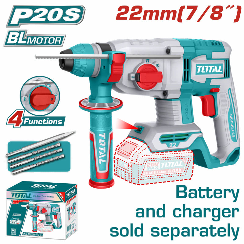 Taladro Rotomartillo inalámbrico 20v.  Motor sin escobillas. Perforación en concreto:22mm. Sin batería ni cargador.
