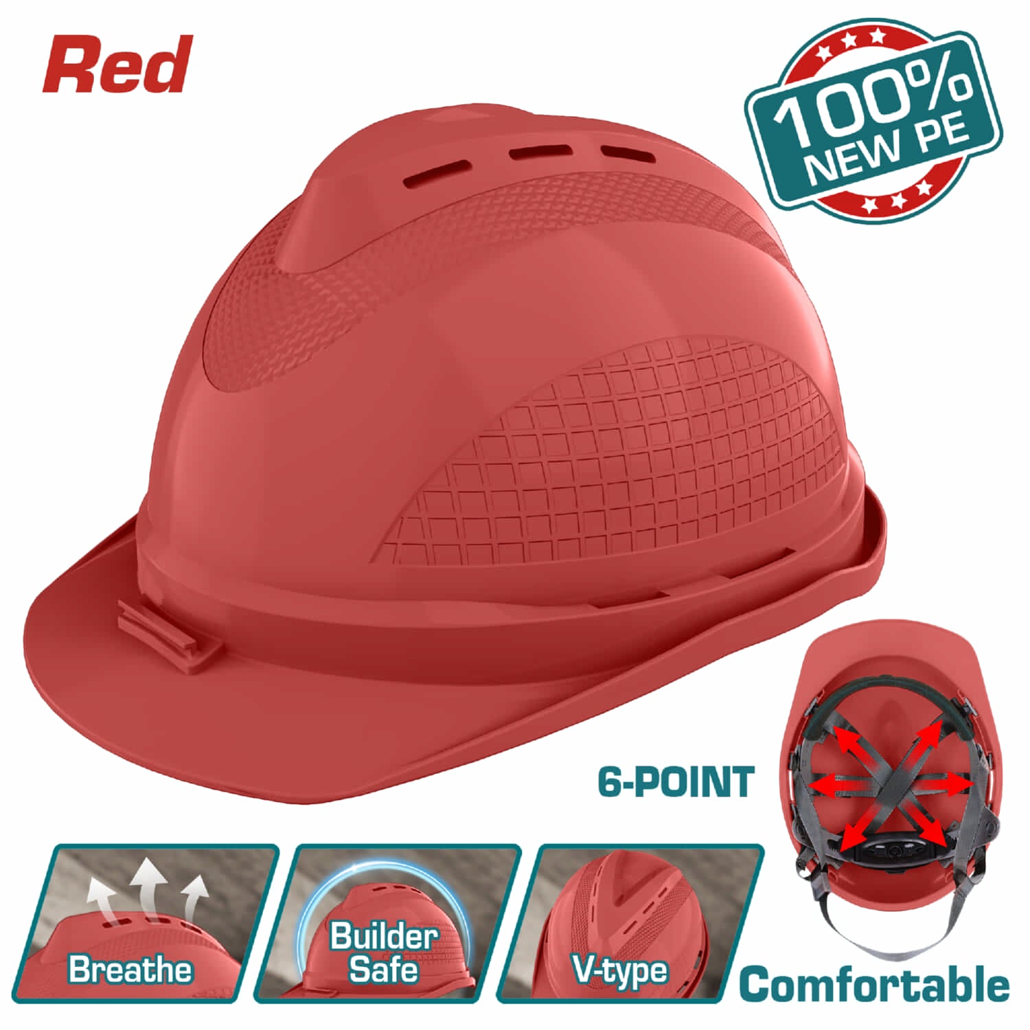 Casco De Seguridad Color Rojo. 6 Puntos De Suspensión. Ajustable Con Perilla. Carcasa De PE Con Respiraderos.