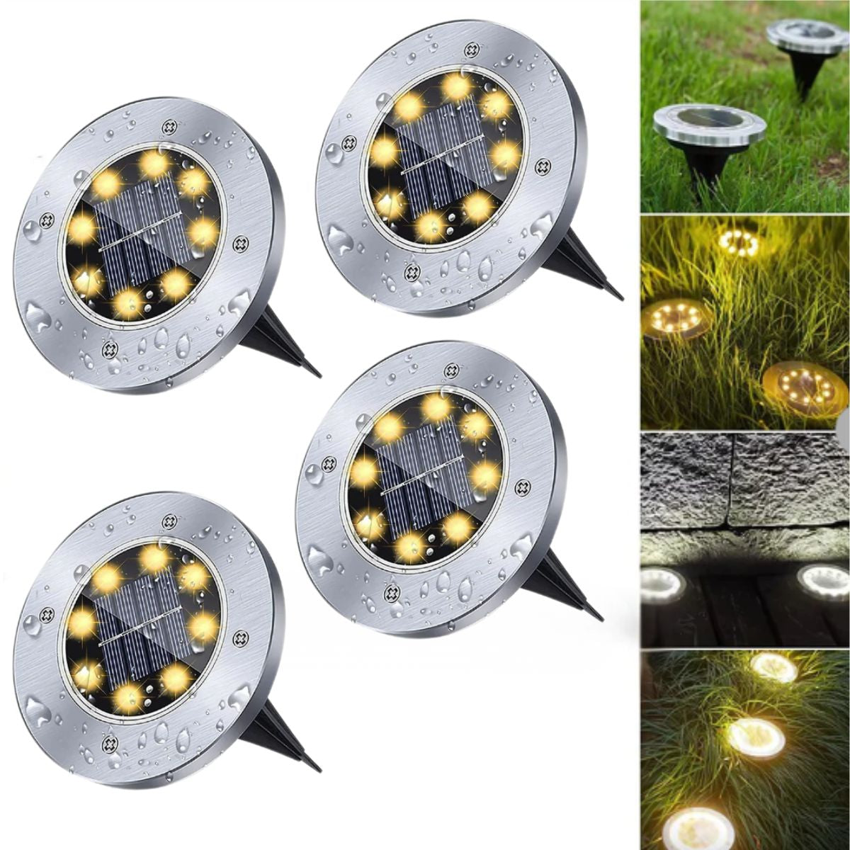 Lampara solar de piso para exterior. Foco con 8 LED. Luz cálida. Resistente al Agua IP65. (Pack de 4)