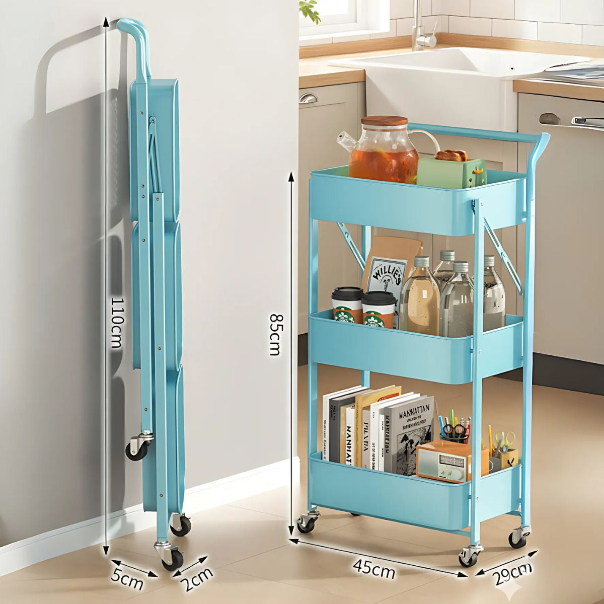 Carrito Organizador de 3 Niveles con Ruedas. Estantería Plegable de Almacenamiento. Estante organizador. Color celeste.