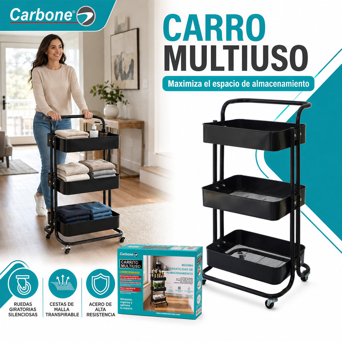Carrito Organizador De 3 Niveles Con Ruedas. Estantería Plegable De Almacenamiento. Estante Organizador.  (45x38x85cm) Color Negro
