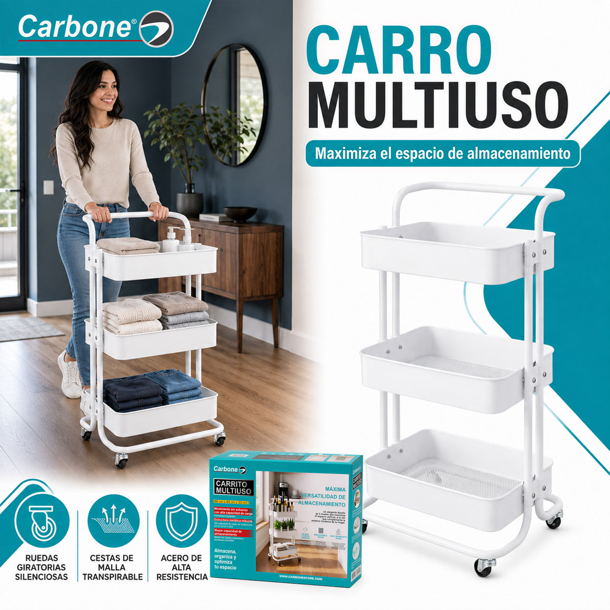 Carrito Organizador De 3 Niveles Con Ruedas. Estantería Plegable De Almacenamiento. Estante Organizador.  (42x38x85cm) Color Blanco