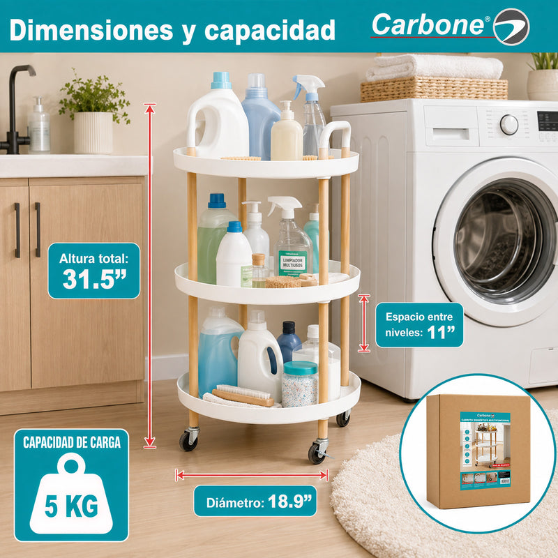 Carrito Organizador Circular de 3 Niveles con Ruedas y Frenos. Carro Auxiliar de Almacenamiento.Color Madera y Blanco (47.5x47.5x81cm)
