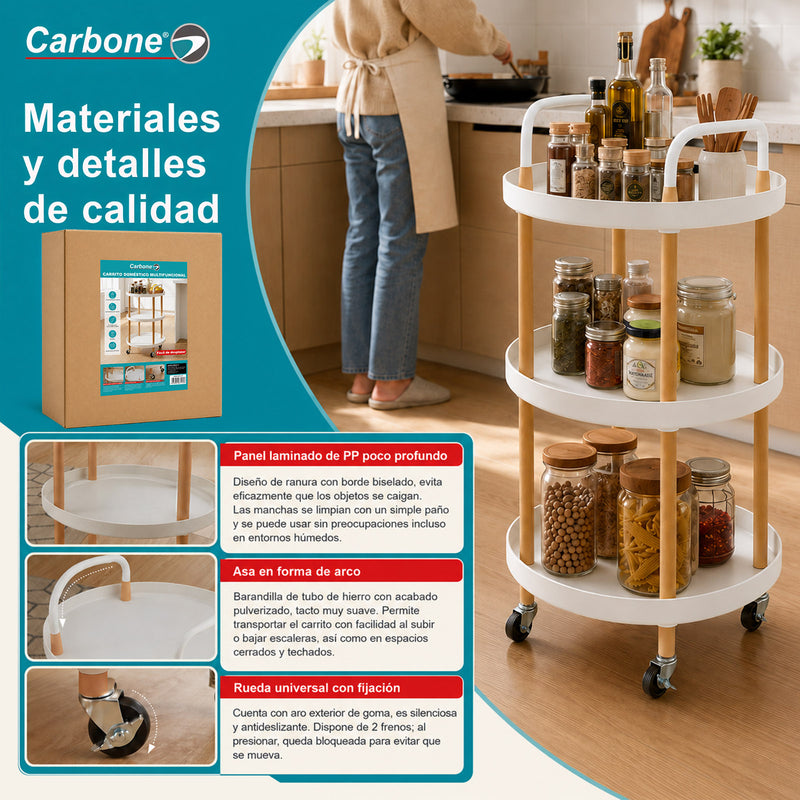 Carrito Organizador Circular de 3 Niveles con Ruedas y Frenos. Carro Auxiliar de Almacenamiento.Color Madera y Blanco (47.5x47.5x81cm)