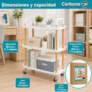 Carrito Organizador de 3 Niveles con Ruedas y Frenos. de Plástico y Madera para Hogar y Comercio. Color Blanco (53x33x73.5cm)