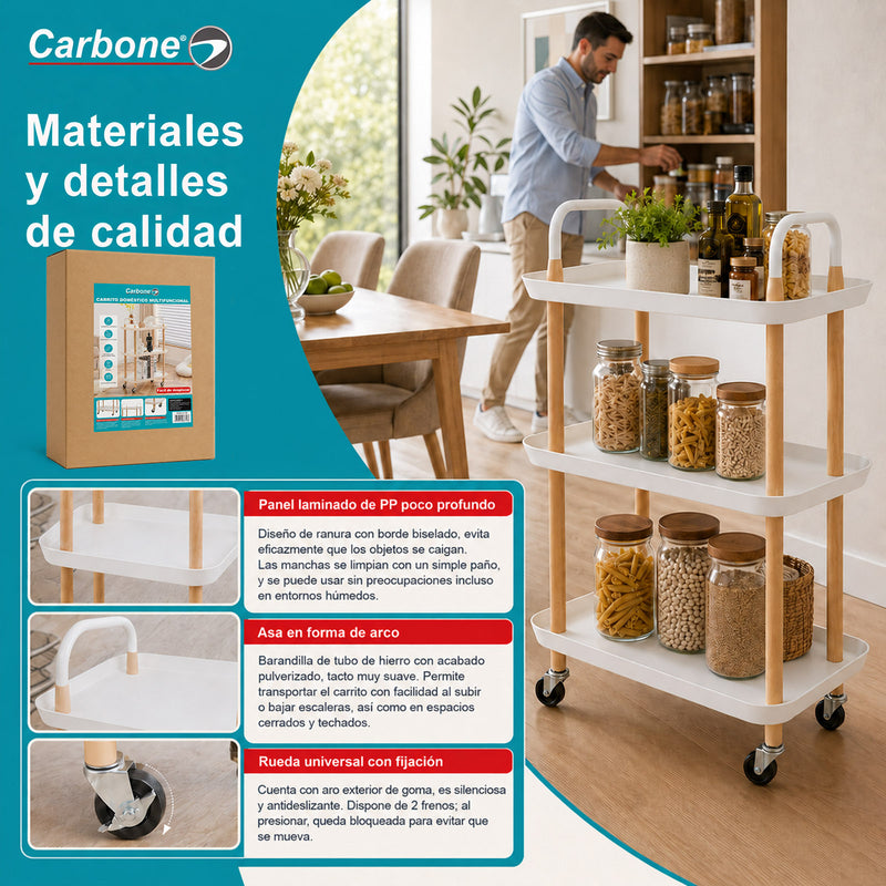Carrito Organizador de 3 Niveles con Ruedas y Frenos. de Plástico y Madera para Hogar y Comercio. Color Blanco (53x33x73.5cm)