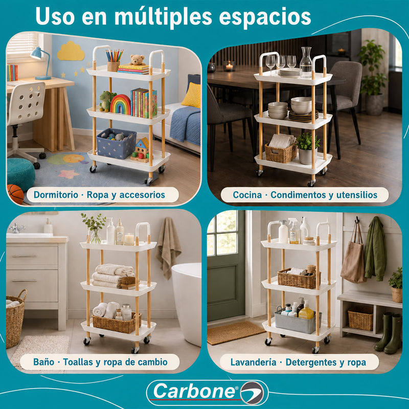 Carrito Organizador de 3 Niveles con Ruedas y Frenos. de Plástico y Madera para Hogar y Comercio. Color Blanco (53x33x73.5cm)