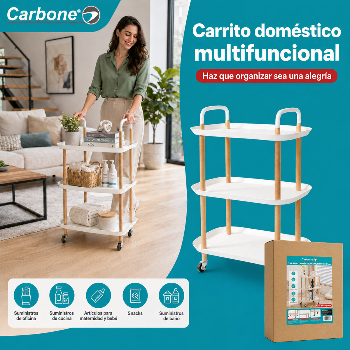 Carrito Organizador de 3 Niveles con Ruedas y Frenos. de Plástico y Madera para Hogar y Comercio. Color Blanco (53x33x73.5cm)