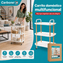 Carrito Organizador de 3 Niveles con Ruedas y Frenos. de Plástico y Madera para Hogar y Comercio. Color Blanco (53x33x73.5cm)