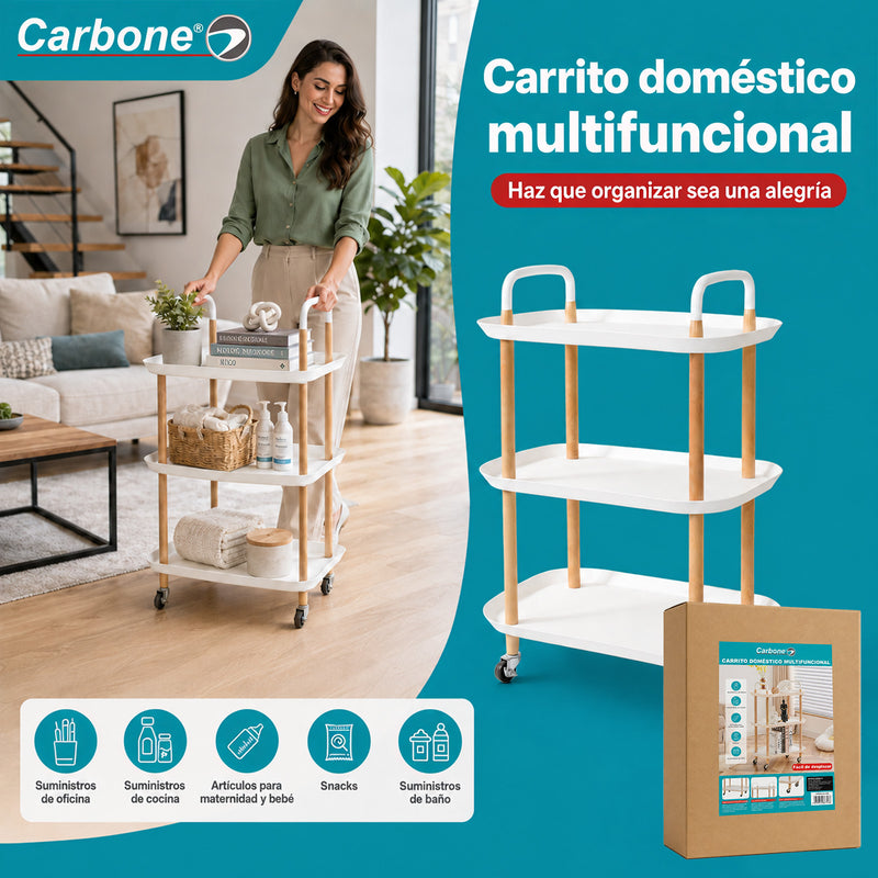 Carrito Organizador de 3 Niveles con Ruedas y Frenos. de Plástico y Madera para Hogar y Comercio. Color Blanco (53x33x73.5cm)