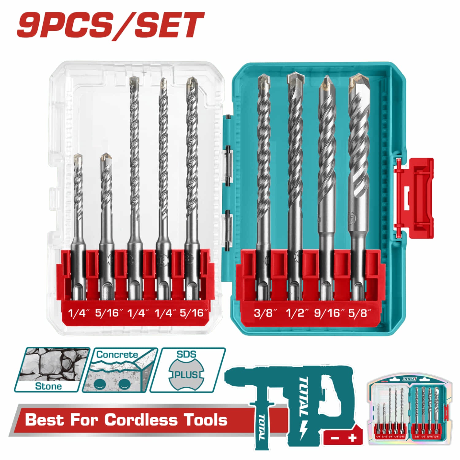 Brocas SDS Plus para rotomartillo. Set de 9 Piezas. Medidas Variadas 1/4"" a 5/8"". Ideal para concreto y piedra.