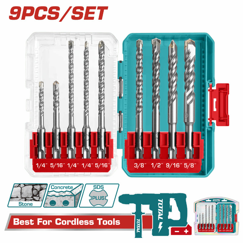 Brocas SDS Plus para rotomartillo. Set de 9 Piezas. Medidas Variadas 1/4"" a 5/8"". Ideal para concreto y piedra.
