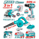 Combo del mes Total Inalámbrico. Esmeriladora angular 4-1/2'' 20V, Drill taladro sin escobillas 20V 60 Nm y sopladora 20V 18,000 rpm. Incluye cargador y baterías. POCAS UNIDADES.