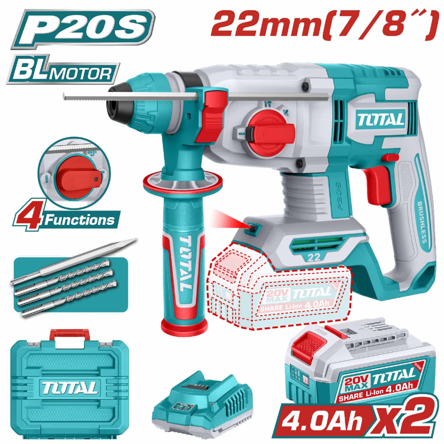 Taladro Rotomartillo inalámbrico 20v.  Motor sin escobillas. Perforación en concreto:22mm. Incluye batería y cargador.