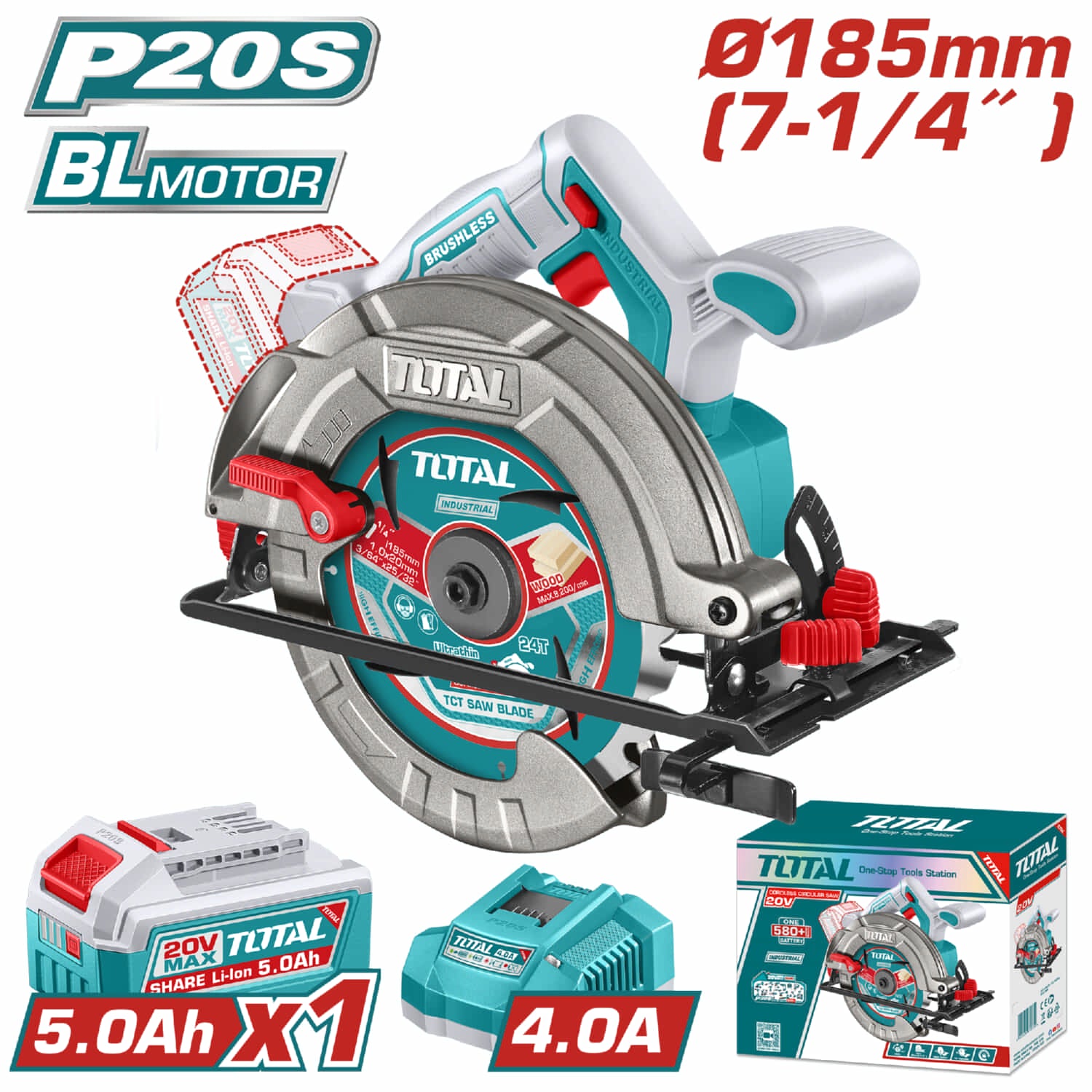 Sierra Circular 20V 185mm (7-1/4" ). Motor sin escobillas. 4800rpm. Incluye batería y cargador.
