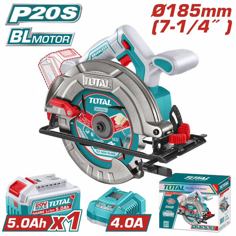 Sierra Circular 20V 185mm (7-1/4" ). Motor sin escobillas. 4800rpm. Incluye batería y cargador.