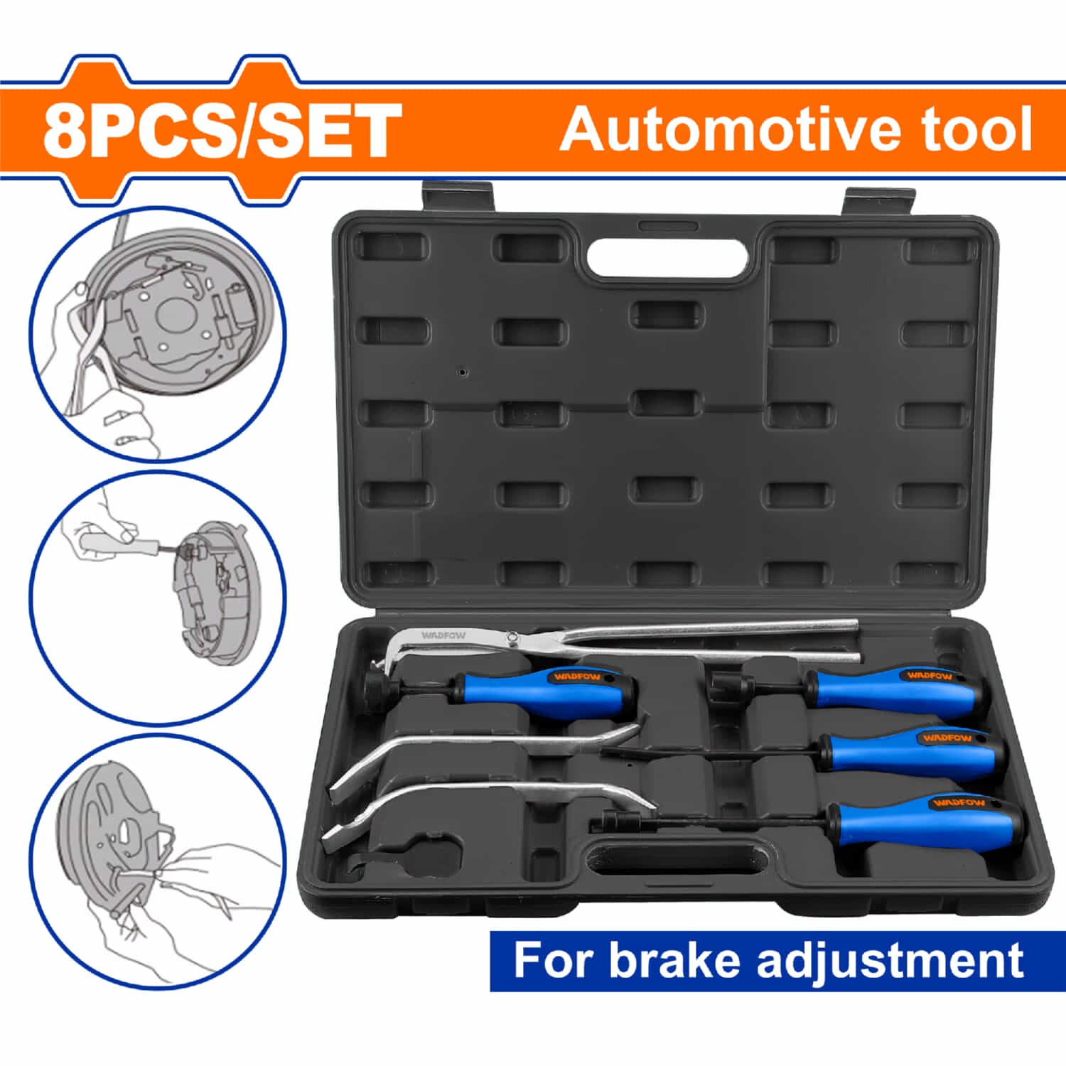 Alicates y Herramientas para Resortes de Freno de Tambor. Acero al carbono. Galvanizado. Set 8 pzas.