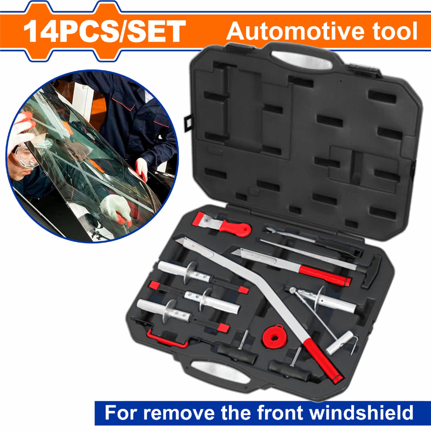 Herramientas para retirar Parabrisas. Incluye Cables, cortador, extractor y clips A3 Galvanizado. Set 14 pzas.