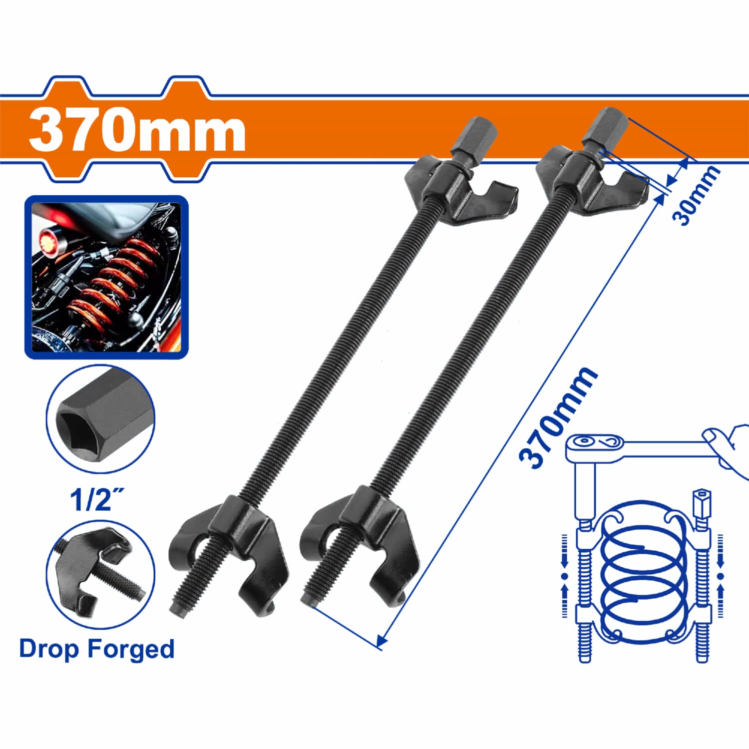 Compresor de Resortes de Suspensión 370mm Entrada 1/2" Acero Forjado. Tratamiento térmico. Set 2 pzas.