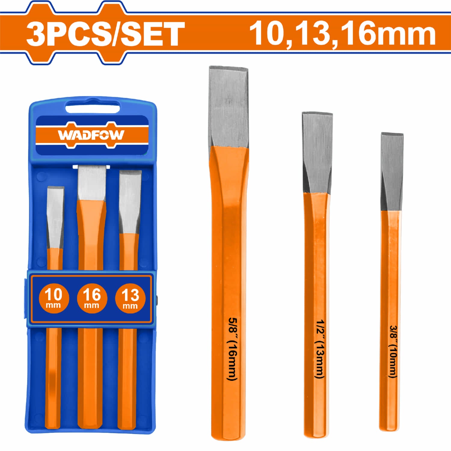 Punzones y cinceles en frío. Tratamiento térmico. Diámetros:10mm,13mm, 16mm. Set 3 piezas.