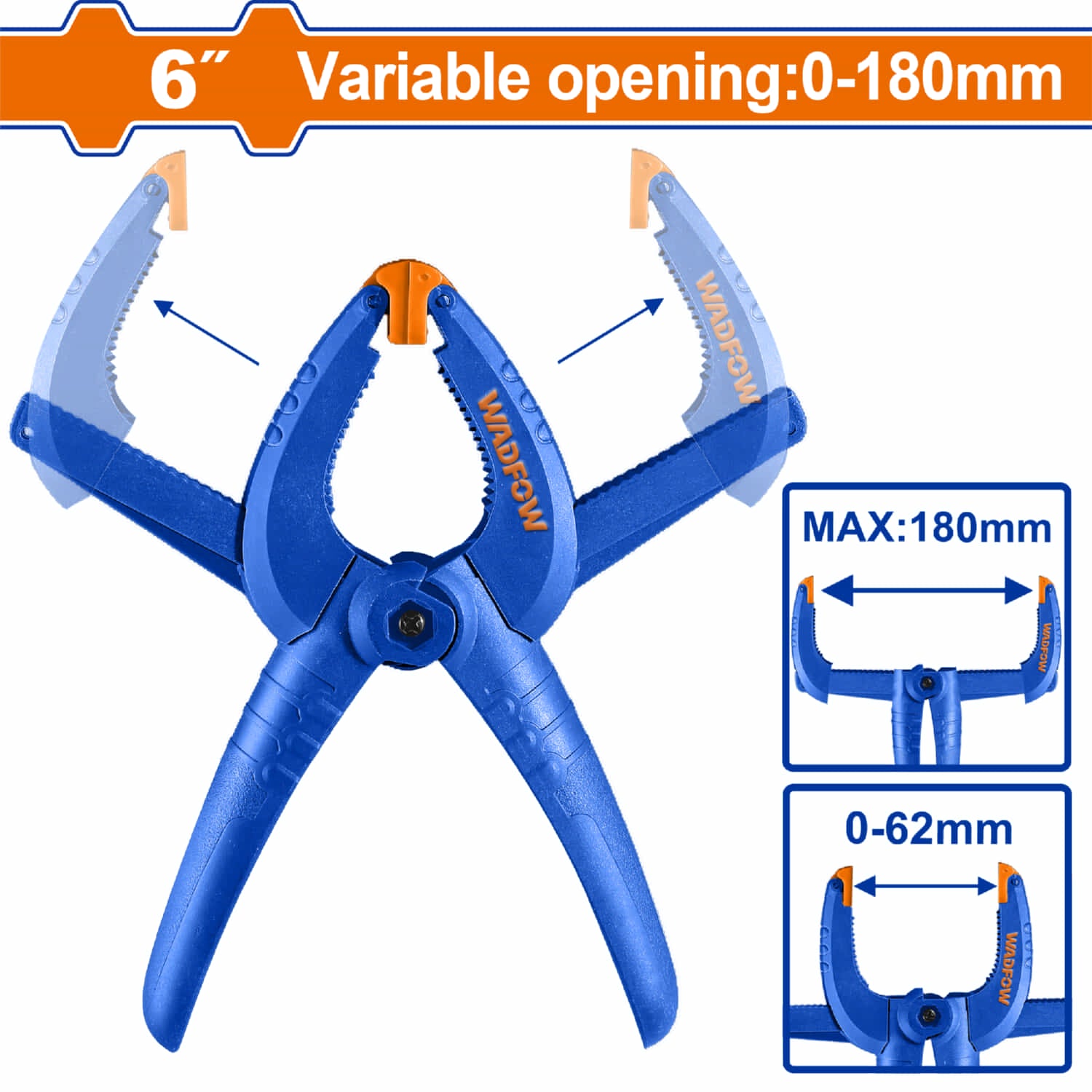 Abrazadera de resorte para sujecion variable 6" Apertura hasta 180mm. Cuerpo de plástico y fibra de vidrio.