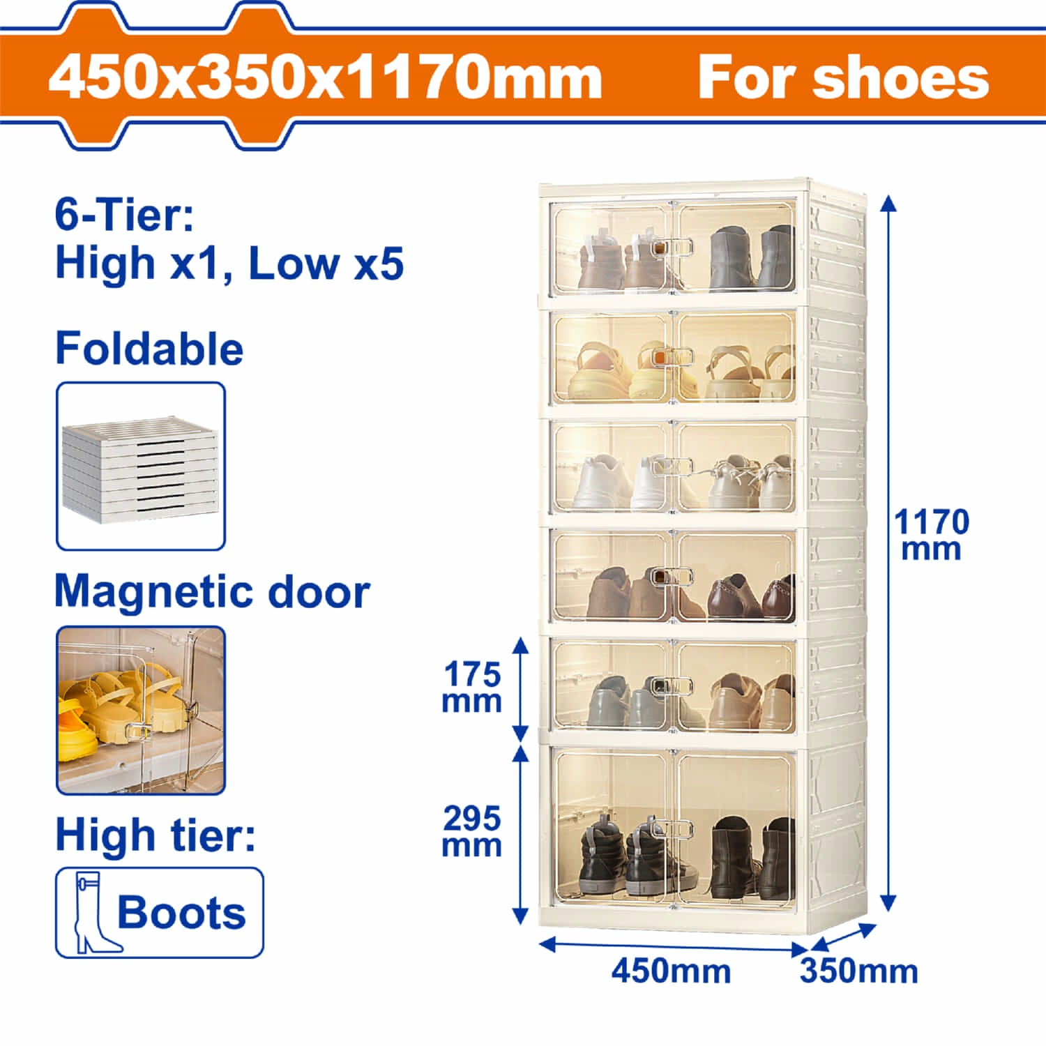 Organizador de Zapatos de 1 columna 6 Niveles con Puertas Transparentes. Zapatero Compacto económico de plástico Plegable. 45x35x117cm