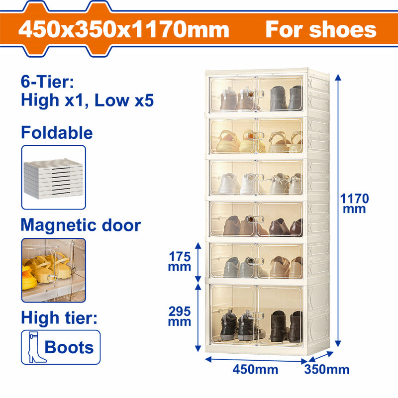 Organizador de Zapatos de 1 columna 6 Niveles con Puertas Transparentes. Zapatero Compacto económico de plástico Plegable. 45x35x117cm