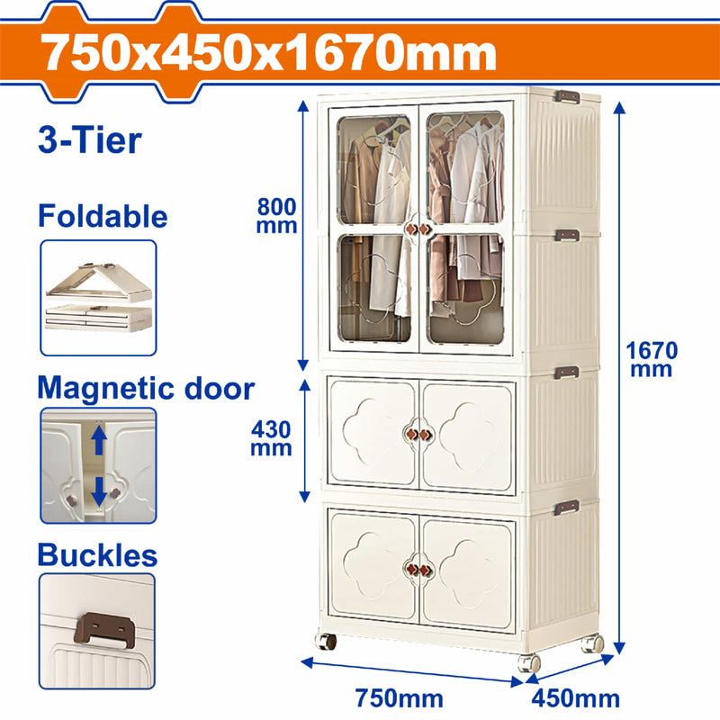 Armario 3 Niveles Plástico con Puertas Magnéticas y Ruedas Giratorias 2" 75x45x167cm Color Crema. Carga Max 30Kg Gabinete y Ropero Plegable