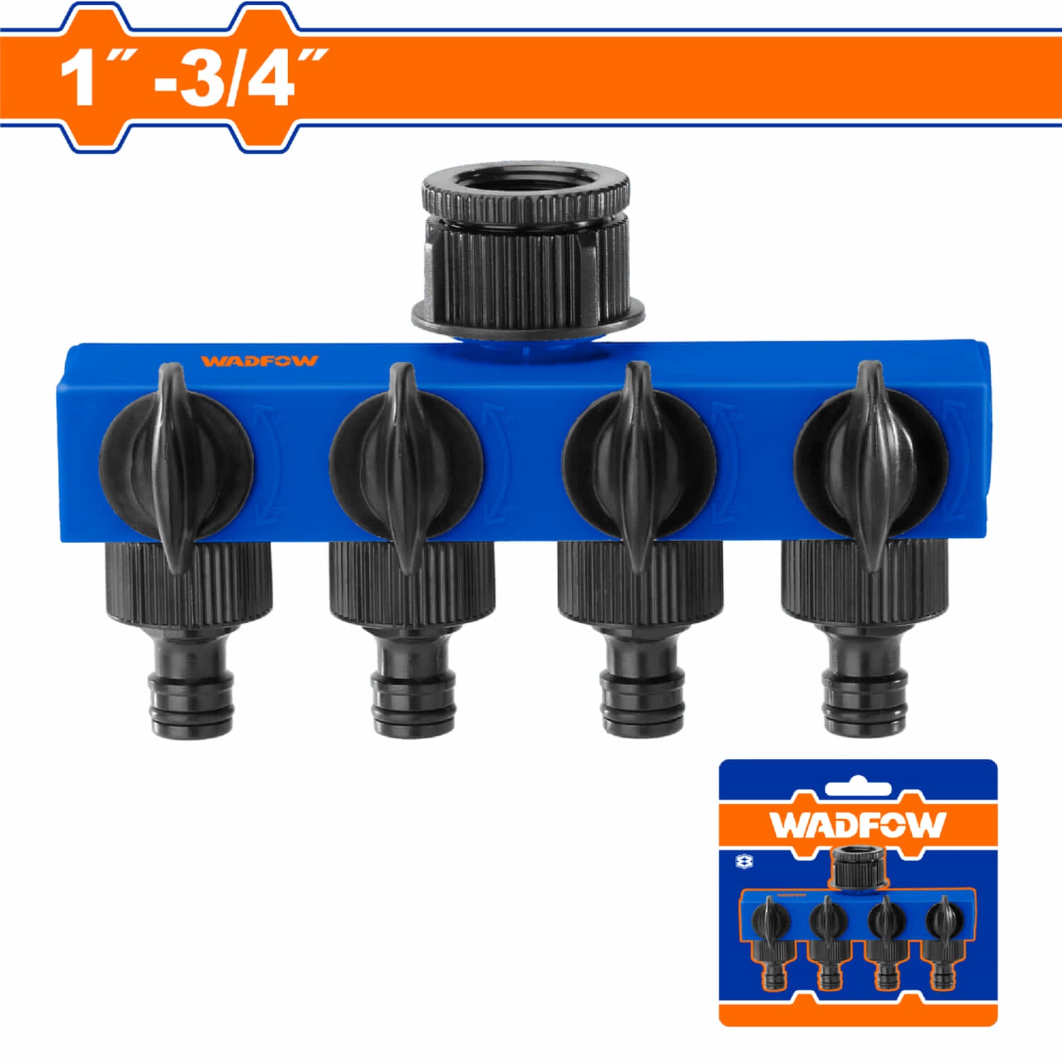 Conector de cuatro vías 1" - 3/4”. ABS. Para mangueras de agua